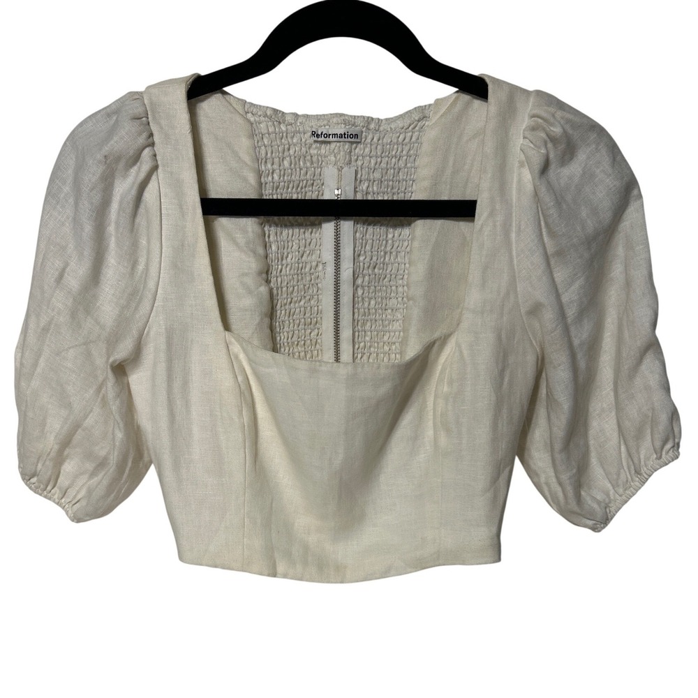 Reformation White Linen Crop Top Square Neck Puff Sleeve Smocked Back Zip Size 0